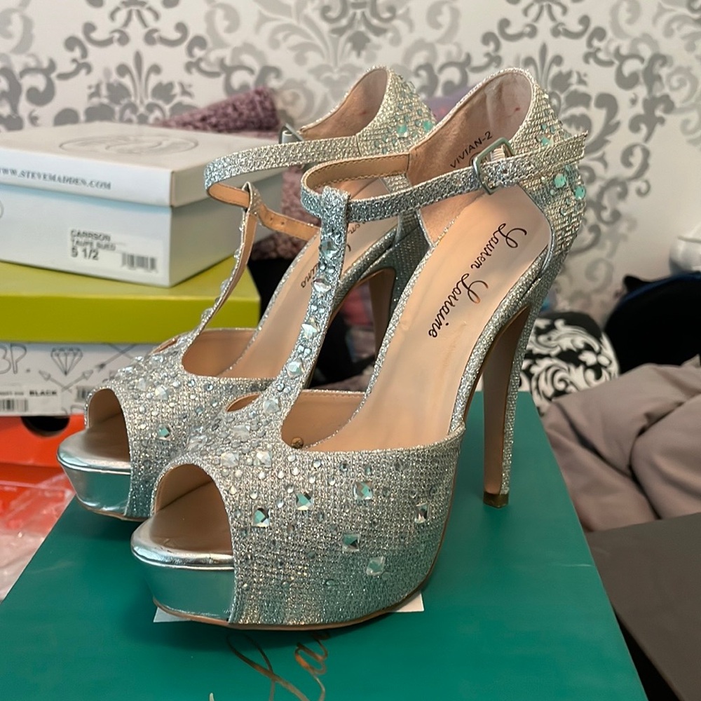 Silver gem strap heels. Worn once.